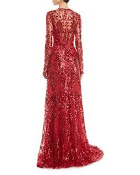 Naeem Khan Long Sleeve Deep V Neck Sequined Lace Gown Lace Gown Gowns Fashion