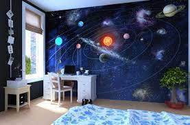 Time and space collide with clocks covered in constellations or mystical sun and moon motifs. Solar System Wall Mural For Kids Room Featured On Nonagon Style Outer Space Bedroom Space Themed Bedroom Outer Space Bedroom Decor