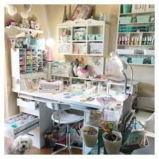Serious crafters need a serious craft room. What S Your Favorite Part About This Pretty Craft Corner Ours Is The Pink Typecast Typewriter Photo Credit At Vintage Craft Room Craft Room Cottage Crafts