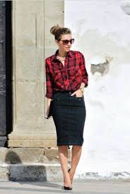 Black And Red Checkered Shirt Outfit Denim Skirt With Red Check Shirt Plaid Fashion Fashion Pencil Skirt Outfits