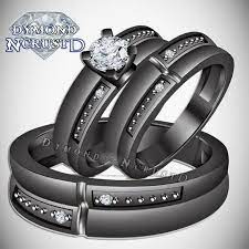 His Hers Skellington Jack Inspired White Swarovski Wedding Etsy Wedding Ring Trio Wedding Ring Trio Sets Black Gold Wedding