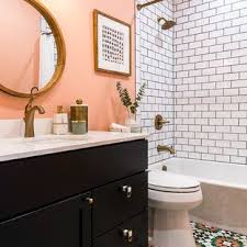 Black And Gold Art Deco Bathroom Peach Black White And Gold Details In 2020 Peach Bathroom Black And Gold Bathroom Round Mirror Bathroom