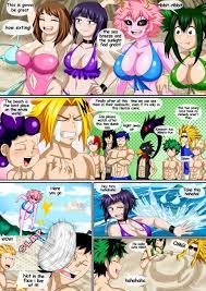abs all might beach beach ball big breasts bikini black hair  blonde hair blue shirt breasts brown hair comic comic page denki kaminari  english dialogue english text female fumikage