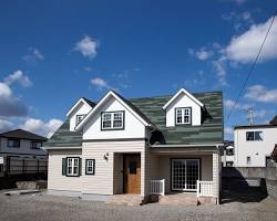 グリーンの屋根の住宅の画像