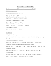 Addition and subtraction of monomials. Worksheet Algebraic Expressions Grade 7