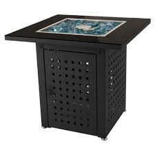 This fire pit is powered by propane, surrounded by lava rocks, and comes with a protective cover. Pleasant Hearth Lockwood 28 In X 26 In Square Steel Propane Gas Fire Pit Table In Black With Glass Fire Rocks Ofg012t The Home Depot