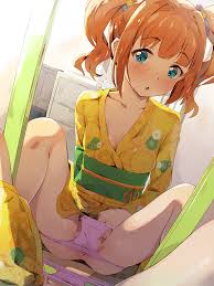 explicit, artist:seneto, 1girl, :o, bangs, blue eyes, blunt bangs, blush,  female masturbation, hentai, highres, idolmaster, idolmaster (classic),  japanese clothes, kimono, long sleeves, looking at viewer, masturbation,  mirror, obi, orange hair, panties 