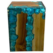 Stonecoat countertop epoxy requires 3 coats when used on a resin and wood table: Blue Resin Lucite And Teak Root Wood End Side Night Stand Table Brn22 The Kings Bay