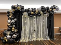 Black And Gold Backdrop Curtains Black And Gold Backdrop In 2020 Gold Backdrop Fairy Lights Balloon Backdrop