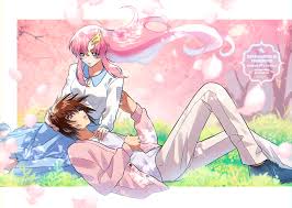 rrrisyf, kira yamato, lacus clyne, gundam, gundam seed, gundam seed freedom,  absurdres, highres, 1boy, 1girl, blue eyes, breasts, brown hair, couple,  flower, grass, hair ornament, hetero, jacket, lap pillow, long hair, nature,