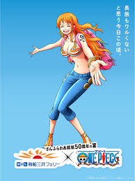 nami (one piece), one piece, highres, official art, promotional art,  translation request, 1girl, bikini, bikini top only, happy, logo, long  hair, orange hair, shoulder tattoo, swimsuit, tattoo, wide hips 