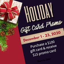 These are perfect for thank you, graduation or father's day presents or even if you just want to buy some for your own use. Bellissimo Restaurant Lounge Our Holiday Gift Card Promo Is Back For Ever 100 Of Gift Cards Receive A 15 Promo Card Available Curb Side Pick Up Or Purchase Online Through Our