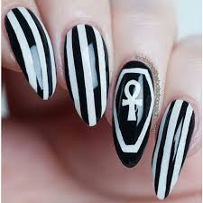 Black And White Striped Nails Halloween Black White Stripes Almond Nail Art Nail Art Stripes Halloween Nails Nails
