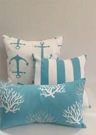 Decopow embroidered life is better at the beach throw pillow cover,square 18 inches decorative canvas pillow cover with life is better at the beach pattern,cover only. Coastal Blue Waters Coral Anchor Stripes Pillow Set Of 3 Aqua Beach Nautical Ocean Pillow Covers Ready To Ship Beach Pillows Beach Themed Bedroom Ocean Pillows