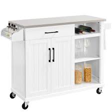 And works particularly well in kitchens with a vintage edge. Yaheetech Stainless Steel Top Kitchen Island Cart On Wheels With Drawer And Cabinet Open Shelves Wine Rack Spice Rack White Walmart Com Walmart Com