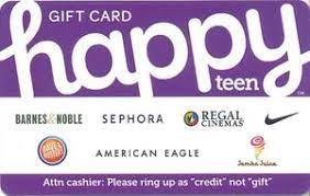 Use the happy teen gift card at any regal cinemas, american eagle, under armour, dave & buster's, sephora, jamba or barnes & noble location in the us. Gift Card Happy Teen Type 1 Happy Card United States Of America Happy Col Us Happy 004 28197