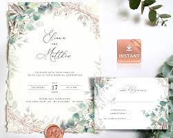 Maia Wedding Invitation Template With Eucalyptus Faux Etsy Wedding Invitations Boho Boho Wedding Invitation Template Wedding Invitation Templates