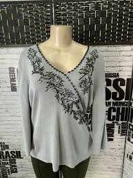 Dressbarn Collection Xl Gray Metallic Beaded 3 4 Sleeve Top Ebay In 2020 Sleeves Clothing Printed Tunic Tops Sleeves