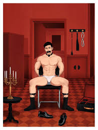 chioneoc, original, highres, 1boy, abs, arms behind back, bara, black eyes,  black hair, black male underwear, black shoes, black socks, briefcase,  candelabra, candlestand, chair, full body, gag, gag around neck, improvised  gag,