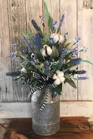 Blueberry Farmhouse Floral Arrangement With Cotton Stems Etsy Farmhouse Floral Decor Home Floral Arrangements Milk Can Decor