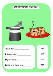 This short vowel phonics poem has many short e words in it, including beg, egg, get, pen, red, and end. Playing With Rhymes Worksheet