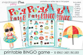 Bingo At Home App Instructions Pool Party Bingo Printable Game Printable Pool Party Game Summer Party Game Summer Bingo Game Instant D Pool Party Games Swimming Pool Games Pool Games
