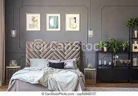 Grey colour scheme bedroom grey bedroom decor bedroom setup bedroom wall colors room ideas bedroom grey bedroom paint grey painted bedrooms grey there is a lot to love about this bedroom. Dark Grey Bedroom Interior With Wainscoting On The Wall King Size Bed With Soft Bedhead Three Posters And Metal Rack With Canstock