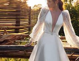 Customize your wedding dress online, and many designs and models continue to emerge. Deep V Plunge Neck Long Sleeves A Line Wedding Dress Lace Puff Etsy