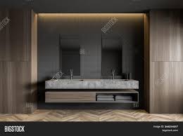 This bathroom by jennifer worts also features a beveled mirror for extra reflection and an acrylic stool for a touch of modern style. Gray Tile Wood Image Photo Free Trial Bigstock