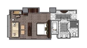 Classy hotel guest room having entry foyer, separate luggage rack and wardrobe, spacious bathroom, 2 attached patio, courtyard showing its rendered layout plan with complete furniture. Floor Plans The Post Oak