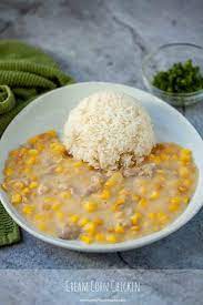 Add chicken broth, unsalted butter, cream of chicken soup, cream of mushroom soup, black pepper, garlic and onion together and stir together well. Cream Corn Chicken Rice ç²Ÿç±³é›žç²' Oh My Food Recipes