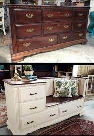 Diy Old Dresser Into A Gorgeous Bench With Storage Drawers A Built In Side Table Furniture Makeover Diy Furniture Repurposed Furniture