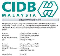 Please refer to the advert below for details of the job requirements. Jawatan Kosong Terbaru Di Cidb Gaji Rm1 353 00 Rm5 701 00 Jobcari Com Jawatan Kosong Terkini