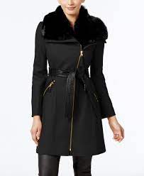 Via Spiga Petite Faux Fur Collar Mixed Media Wool Blend Walker Coat Asymmetrical Coat Coats For Women Fur Collar Coat