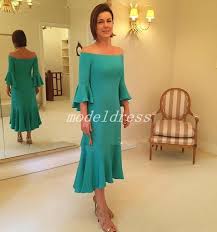 Hunter Tea Length Mother Of The Bride Dresses Off Shoulder 3 4 Long Sleeve Wedding Guest Gowns Women Prom Party Gowns Plus Size Grandmother Of Bride