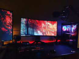 Sick All Red And Black Themed Dream Ultrawide Night Station With A Beast Pc And Cool Wallpaper Gaming Setup Setup Cool Wallpaper