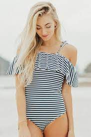 Striped Off The Shoulder One Piece Swimsuit Ruffle Top Swimsuit For Women Beach Style Swimwear Strip Ruf Flounce Swimsuit Floral One Piece Swimsuit One Piece