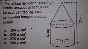 Satu sisinya menjadi alas yang berbentuk lingkaran dan satu sisi lainnya berbentuk lengkung yang sering disebut dengan selimut kerucut. Benda Tersebut Terbentuk Dari Kerucut Dan Tabung Luas Permukaan Bangun Tersebut Adalah Brainly Co Id