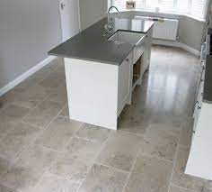 Small Kitchen With Grey Limestone Floor Tiles Flooring Ideas Floor Design Trends Tile Floor Floor Tile Design Kitchen Floor Tile