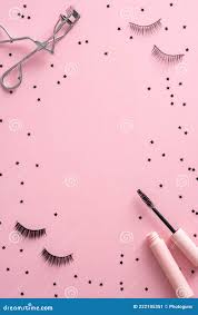 Frame of Mascara, False Eyelashes, Curler and Confetti on Pink Background.  Beauty Blog Banner Mockup Stock Image - Image of flatlay, fashion: 222105351