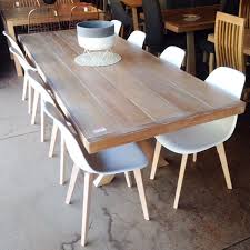 Beachwood Dining Table Pictured Here With 8 White Bucket Chairs And Chunky Cross Legs Timber Stained In Latte Beachwood Bucket Chairs Dining Dining Table