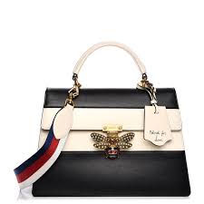 GUCCI Calfskin Sylvie Web Large Queen Margaret Top Handle Bag Black Mystic  White 215217