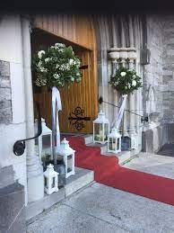 Church Entrance Decor Bay Tree S With Lanterns Church Entrance Wedding Entrance Entrance Decor