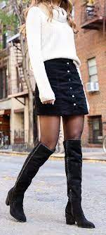 Winter Outfits White Sweater And Black Denim Skirt Outfit Denimskirt Winter Fashion Outfits Fashion Fall Outfits