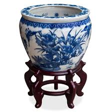 Chinese porcelain monumental fish bowl planter 20.5 diameter 18 high large. 12 Inch Blue And White Porcelain Canton Fishbowl Planter