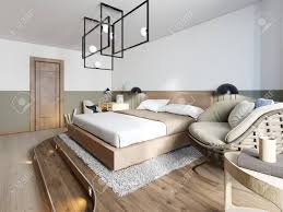 The color palette in a rustic bedroom is predictably natural and leans towards neutral. Modern Rustic Bedroom Design And A Bed On A Wooden Podium With Stock Photo Picture And Royalty Free Image Image 113934072