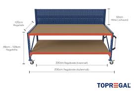 Consente di utilizzare il banco in maniera confortevole e di adattarlo alle diverse esigenze di lavoro. 2 3m Tavolo Da Lavoro Mobile Per Scaffali A Ripiani Lunghi Con Pannello Posteriore Forato Altezza Tavolo 89 129 Cm Profondita 120 Cm Con 2 Livelli Incl Ripiani In Legno Topregal