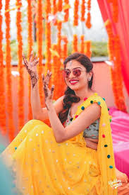 The Yellow Pom Pom Pant Sari Mehendi Outfits Bride Photoshoot Bridal Photography Poses