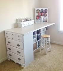 Short Small Repurposed Dresser Made Into Craft Table Shelving Under Wood Board Placed Over Dresser Furniture Makeover Diy Diy Furniture Furniture Makeover