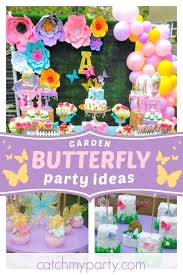 Don T Miss This Wonderful Butterfly Garden 1st Birthday Party The Dessert Table Is 1st Birthday Party For Girls Garden Party Birthday Butterfly Birthday Party